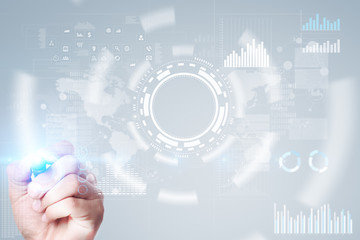 Internet, Business and technology concept. Icons, diagrams and graphs background on virtual screen.