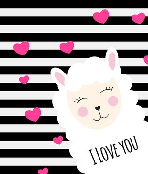 Little Cute Llama With Heart For Card And Shirt Design. I Love You Concept. Vector Illustration