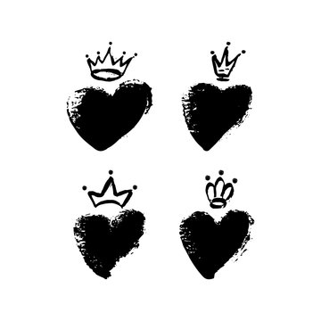 Hand drawn crown and heart icon set in black color. Ink brush crowns, hearts background.
