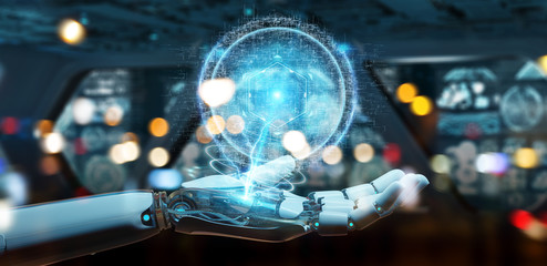 White robot hand using digital sphere connection hologram 3D rendering