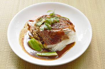 roasted duck meat topping rice dressing sweet sauce and pickled ginger on plate
