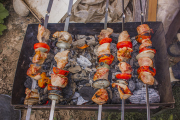 top view of cooking meat shashlik outdoors