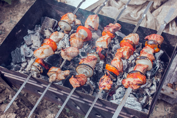 top view of cooking meat shashlik outdoors