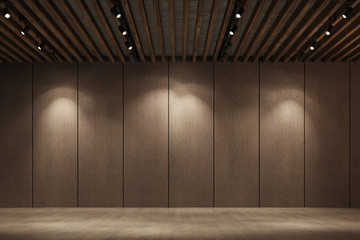 Interior with brown wooden wall and spotlights. Interior for boutique shop. 