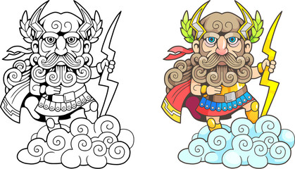 cartoon ancient greek god Zeus, funny illustration, coloring book