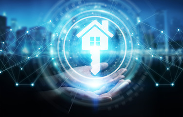 Businesswoman using real estate digital interface 3D rendering