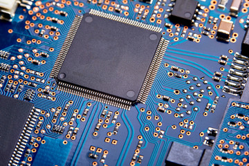Close-up of electronic circuit board with processor of computer motherboard