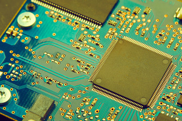 Close-up of electronic circuit board with processor of computer motherboard