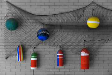 buoys hanging on wall