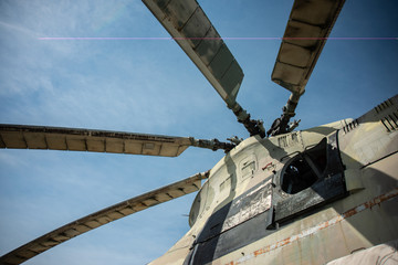 Close-up view of the main rotor of a military helicopter