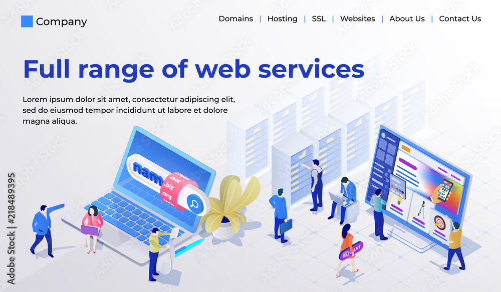 Wall mural web page design template for web studio in the modern 3d isometric style. choosing and buying a doma