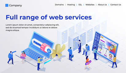 Web page design template for web studio in the modern 3d isometric style. Choosing and buying a domain, hosting for a site, site builder. People are busy with work. Vector illustration
