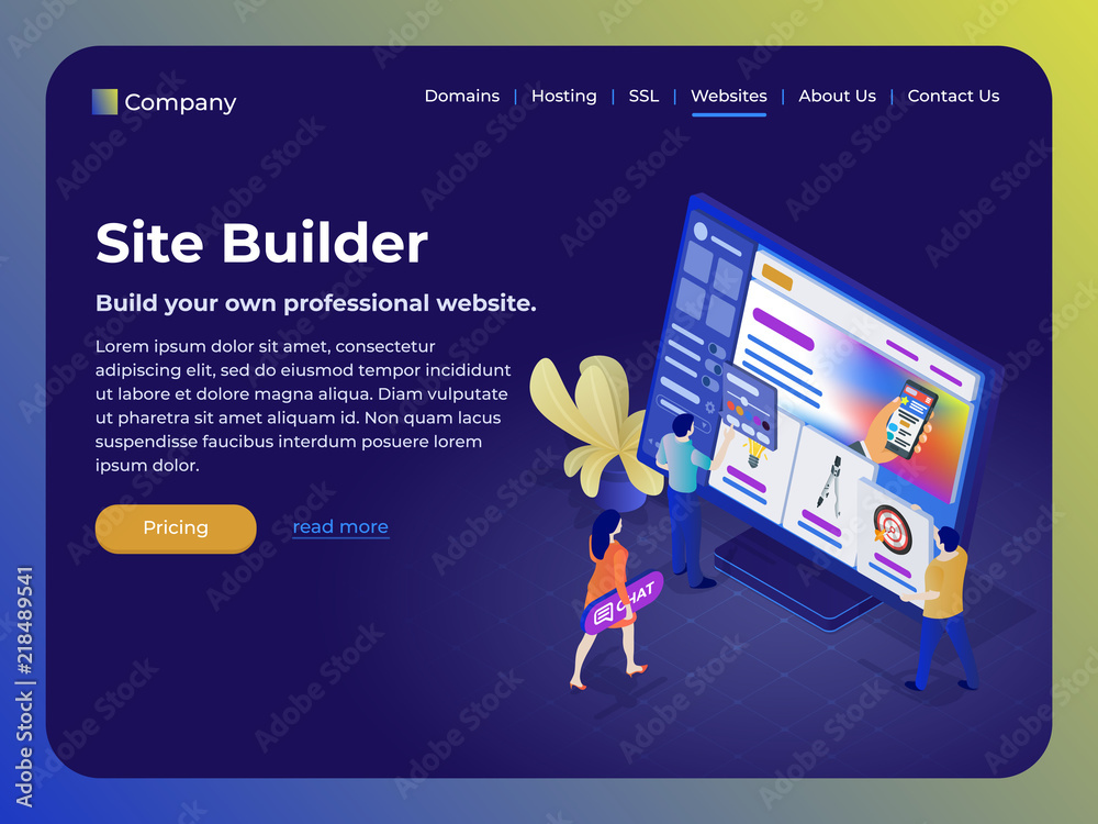 Poster constructor of web pages and websites. people in the flat 3d isometric style collect a site from blo