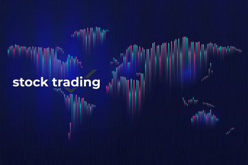 Forex stock exchange graph global business. Investment trading on dark background. A world map in the form of a bar graph. Template for the site of trade on the exchange. Vector illustration.