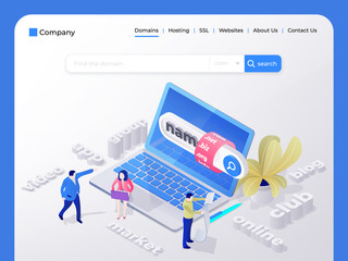 Find and buy a domain name. Page design templates for hosting company, digital marketing, business planning. People choose a domain name for the site. Vector illustration in isometric style
