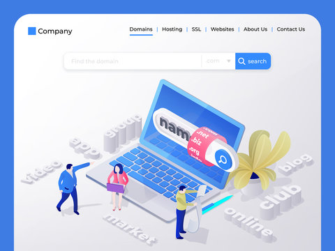 Find and buy a domain name. Page design templates for hosting company, digital marketing, business planning. People choose a domain name for the site. Vector illustration in isometric style