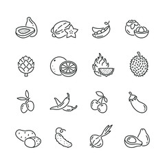Vegetables and fruits icons: thin vector icon set, black and white kit