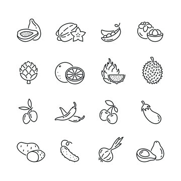 Vegetables and fruits icons: thin vector icon set, black and white kit