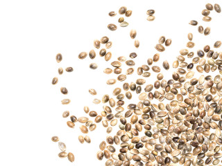 Close up of some hemp seeds that are spread out from the lower right corner and isolated on white background