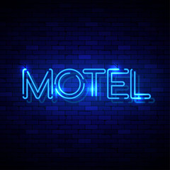 Motel neon sign on the brick wall. Vector Illustration
