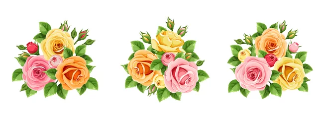 Fototapete Blumen Vektorset aus rosa, orange und gelben Rosen isoliert auf weißem Hintergrund.