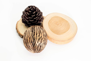 Closeup of round teak wood , Pine cone and dry Cerbera oddloam's seed on white background