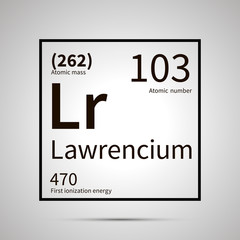 Lawrencium chemical element with first ionization energy, atomic mass and electronegativity values ,simple black icon with shadow
