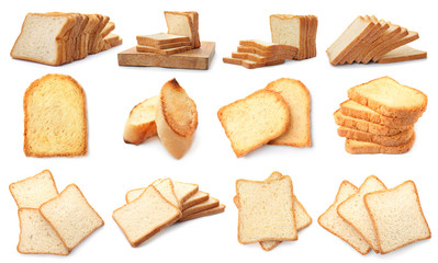 Set with delicious toast bread slices on white background