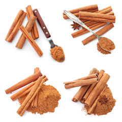 Set with aromatic cinnamon sticks and powder on white background, top view