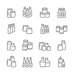 Jars and bottles related icons: thin vector icon set, black and white kit