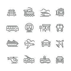  Public transport related icons: thin vector icon set, black and white kit