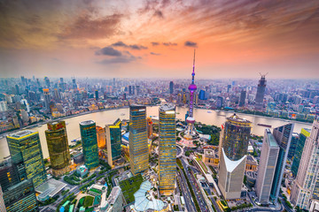 Shanghai, China Aerial Financial District Cityscape