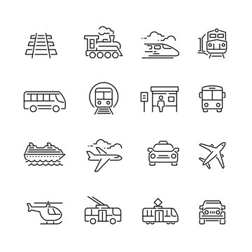  Public Transport Related Icons: Thin Vector Icon Set, Black And White Kit