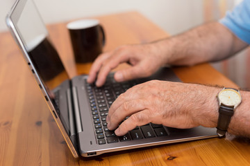 Fototapeta na wymiar Close up senior man hands working on laptop