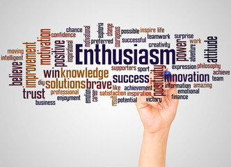 Enthusiasm word cloud and hand with marker concept