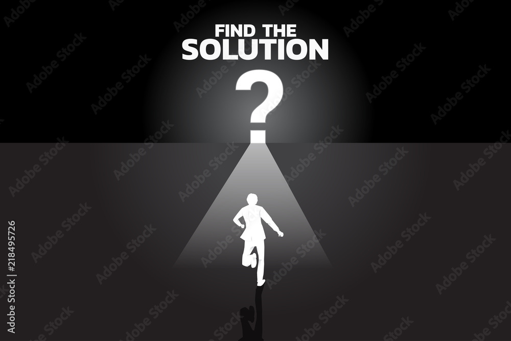 Poster Find the solution concept. Silhouette of businessman running to question mark icon with lighting
