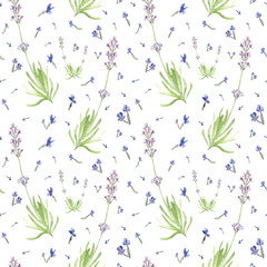 Hand drawn watercolor seamless pattern of spring color lavender. Illustration of cute country field flowers.