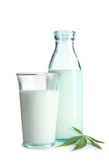 Glassware with hemp milk on white background