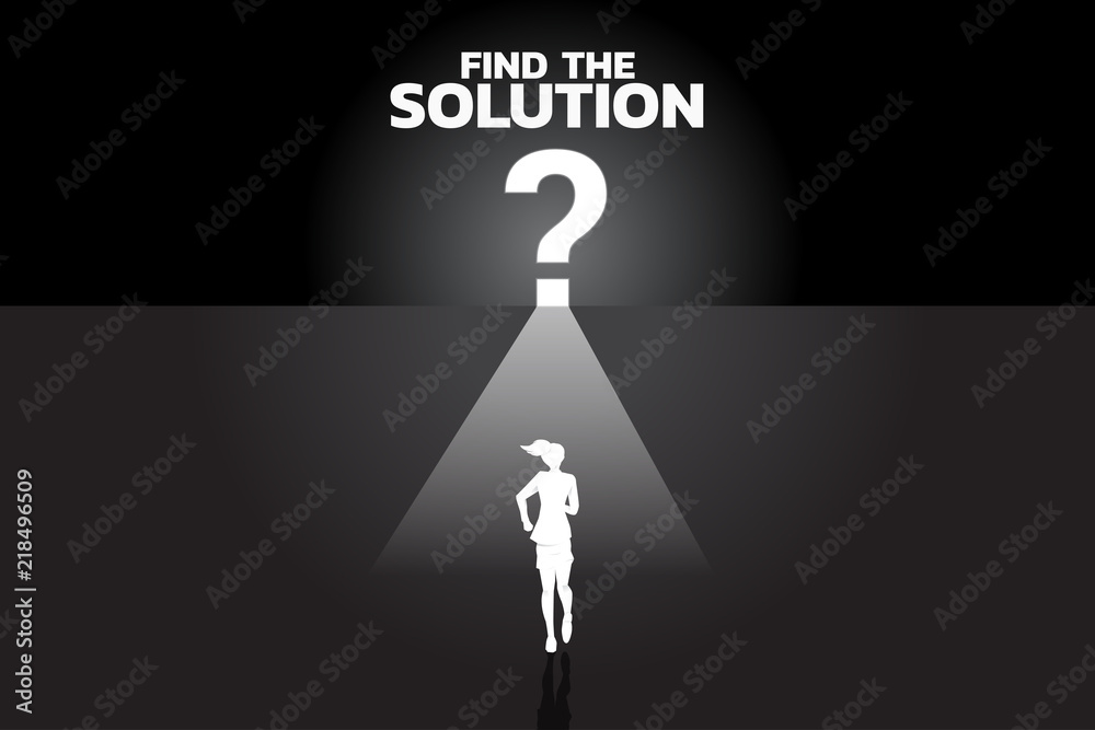 Poster find the solution concept. silhouette of businesswomen running to question mark icon with lighting