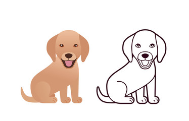 Sitting dog. Cute brown and linear puppy in flat design isolated on white background. Cartoon illustration with colored pet.