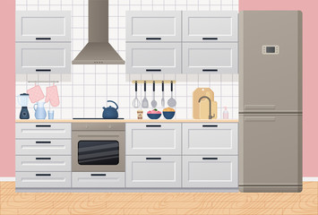 Kitchen interior with appliances, furniture. Vector. Room with stove, cupboard, blender, fridge and kettle in flat design. Cooking banner. Cartoon illustration.