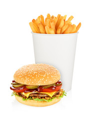 Hamburger and french fries bucket