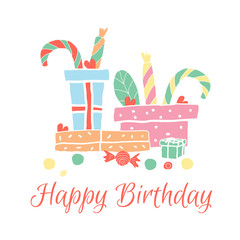 Happy Birthday greeting card in hand drawn style. Cute holidays elements isolated on a white background. Vector illustration.