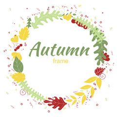 Autumn greeting card in hand drawn style. Autumn frame, wreath. Vector illustration.