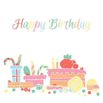 Happy Birthday greeting card in hand drawn style. Cute holidays elements isolated on a white background. Vector illustration.