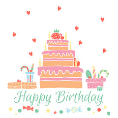 Happy Birthday greeting card in hand drawn style. Cute holidays elements isolated on a white background. Vector illustration.