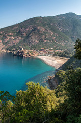 View of the sea bay and the beach Porto Ota of Corsica