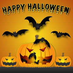 The bat out from evil pumpkin in the dark night background as happy festival day and party concept. vector illustration.