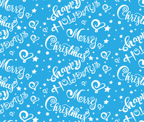 Wrapping paper. Blue pattern, wrapping paper christmas in trendy style. Seamless background with calligraphy Merry Christmas and happy Holidays. Vector image