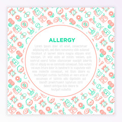 Allergy concept with thin line icons: runny nose, dust, streaming eyes, lactose intolerance, citrus, seafood,gluten free, dust mite, flower, mold, edema. Vector illustration, print media template.